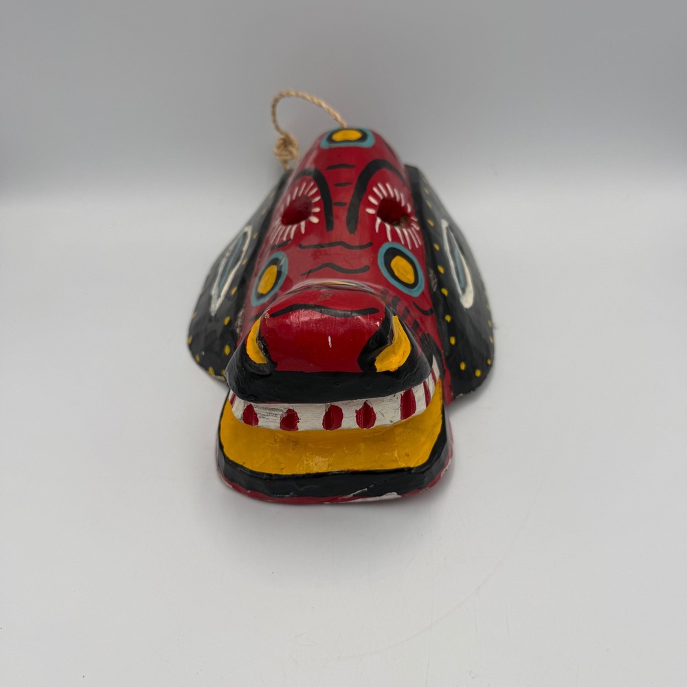 Vintage Guatemalan Hand Painted Carved Wood Folk Art Mask Wall Decor 9.5 Inch